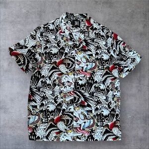 Ed Hardy Battle Skulls Tattoo‎ Print Button Up Shirt M